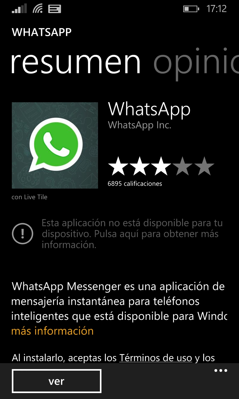 WhatsApp aparece como no disponible en la tienda Windows Phone
