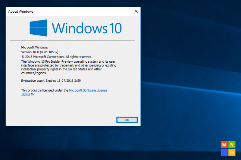 Build 10537 de Windows 10 PC