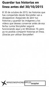 Aviso en la aplicación del fin de soporte de Lumia Storyteller