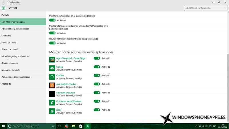 Imagen de la configuración con los problemas en las notificaciones de Windows 10