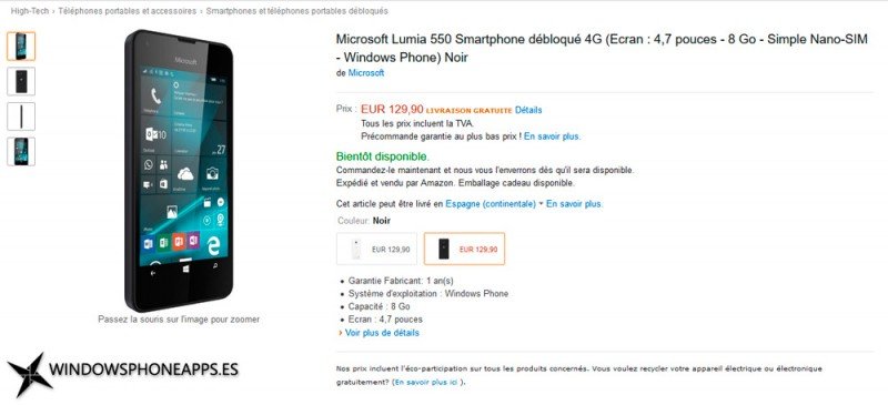 Precio del Lumia 550 en Europa (Amazon Francia)