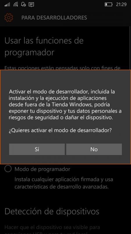 Activar el modo de programador en Windows 10 Mobile