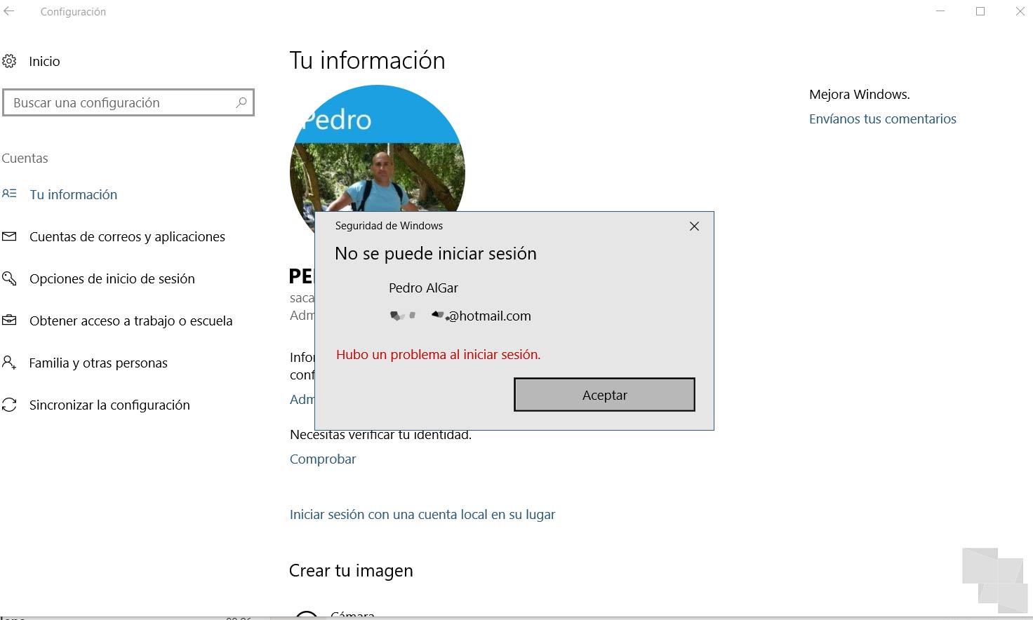 La cuenta de Microsoft está sufriendo problemas de sincronización - Error Al Configurar Imagen De Cuenta Windows 10