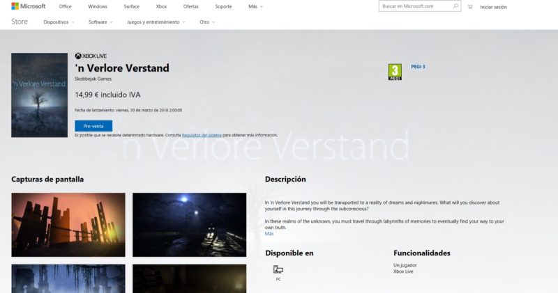 'n Verlore Verstand ya disponible para reserva en Windows 10 PC