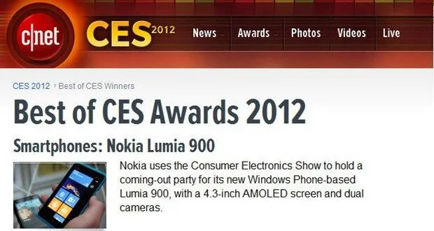 Nokia Lumia 900 ganador del premio al mejor Smartphone del CES 2012 best smartphone ces cnet