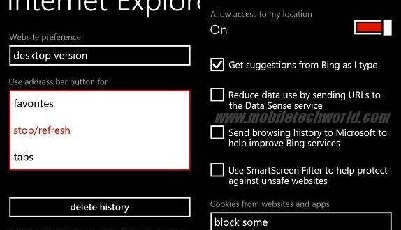 Windows Phone IE 10 Ajustes