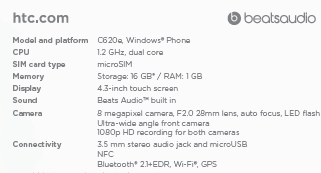 HTC 8X Especificaciones