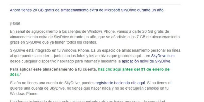 Microsoft te regala 20GB de almacenamiento en Skydrive durante un año