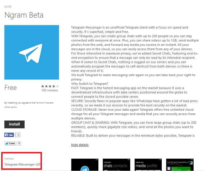 Ngram se convierte en el cliente oficial de Telegram para Windows Phone