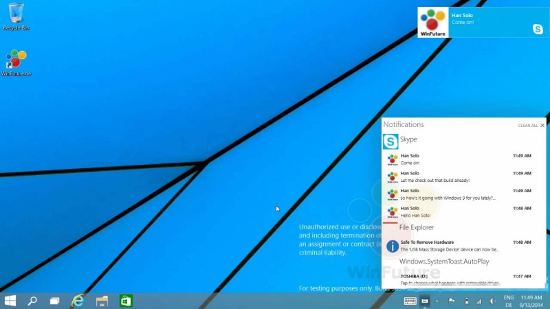 Escritorio de Windows 9 con el centro de notificaciones abierto