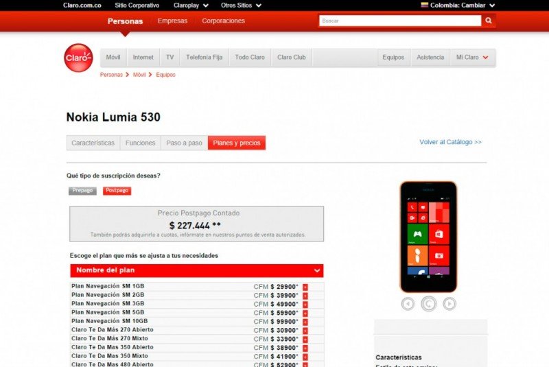 Nokia Lumia 530 con Claro Colombia