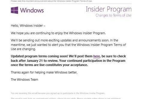 Microsoft nos avisa, "cambiamos los términos del programa Insider", el 21 de Enero sabremos más