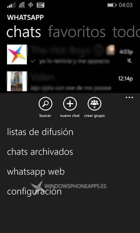 Opción de "whatsapp web" en Windows Phone