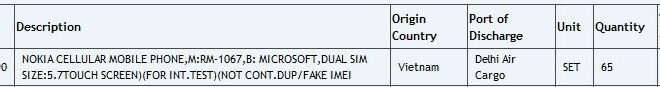 El posible Lumia 1330 Dual SIM (RM-1067), aparece entre las importaciones a India
