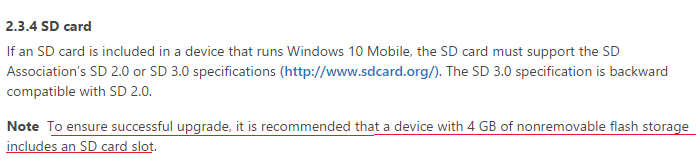 Windows 10 Mobile almacenamiento