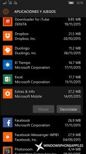 Extras e información en Almacenamiento de Windows 10 Mobile