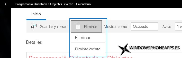 Dos pasos para eliminar un evento en Correo y Calendario