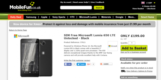 Lumia 650 listado en Mobilefun en reserva con precio y especificaciones