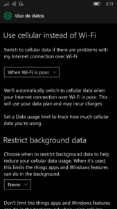 El apartado Uso de datos de Windows 10 Mobile recibe cambios estructurales