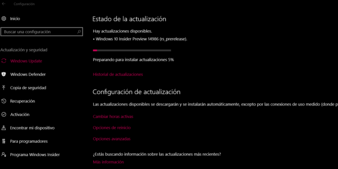 La build 14986 de Windows 10 disponible en el anillo lento para PC