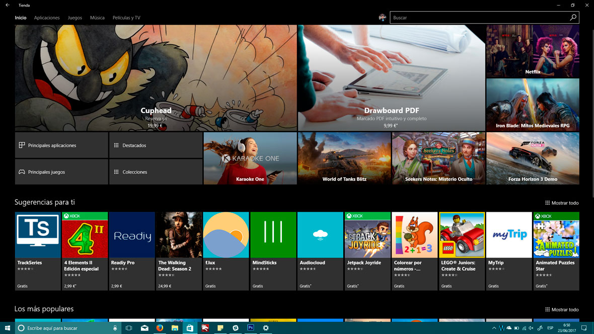 Tienda de Windows 10 con primeros detalles de Fluent Design con el tema oscuro