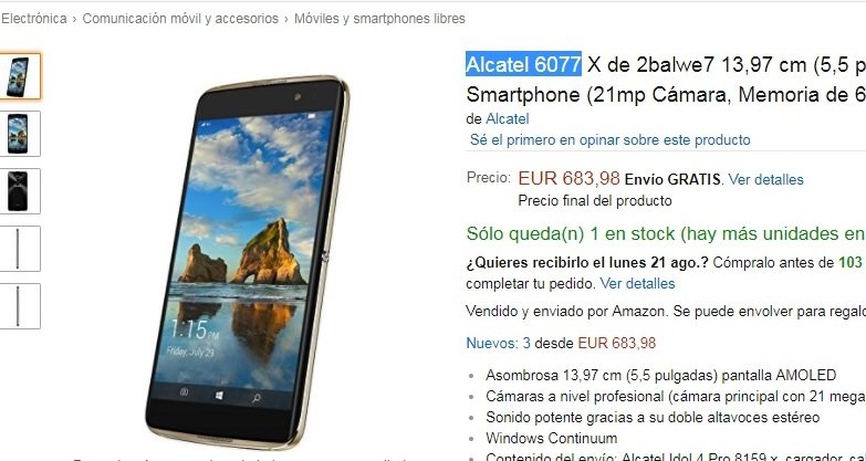 Amazon ofrece el Alcatel Idol 4 Pro en España, pero el precio no te va a gustar