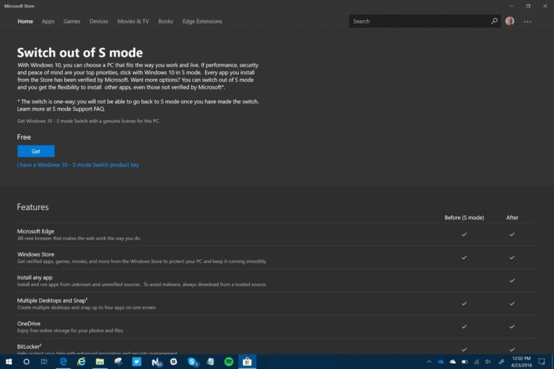 "Salir de Windows 10 Modo S" ya se puede ver en la Microsoft Store en la Build 17134
