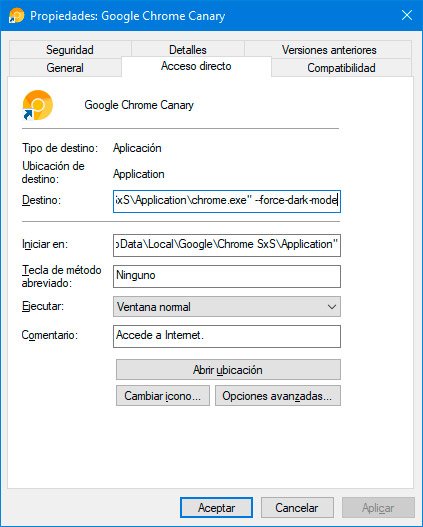 Acceso directo de Google Chrome Canary