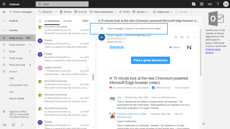 Outlook.com comienza a añadir el traductor de Bing en sus opciones