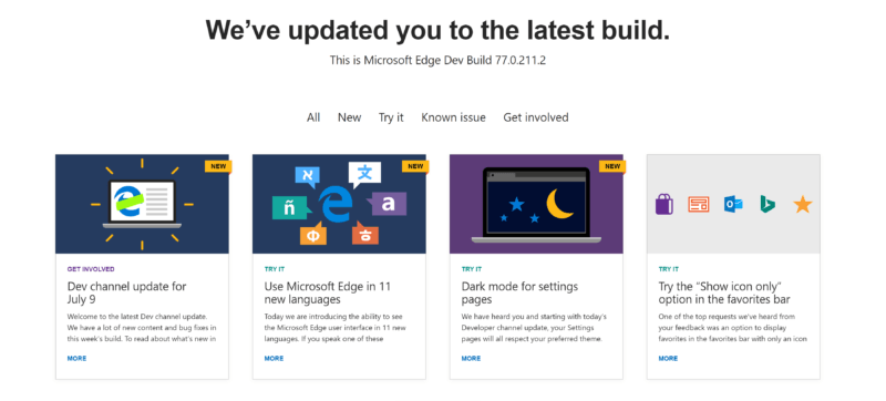Microsoft Edge Dev recibe nuevas funciones con la versión 77.0.211.2