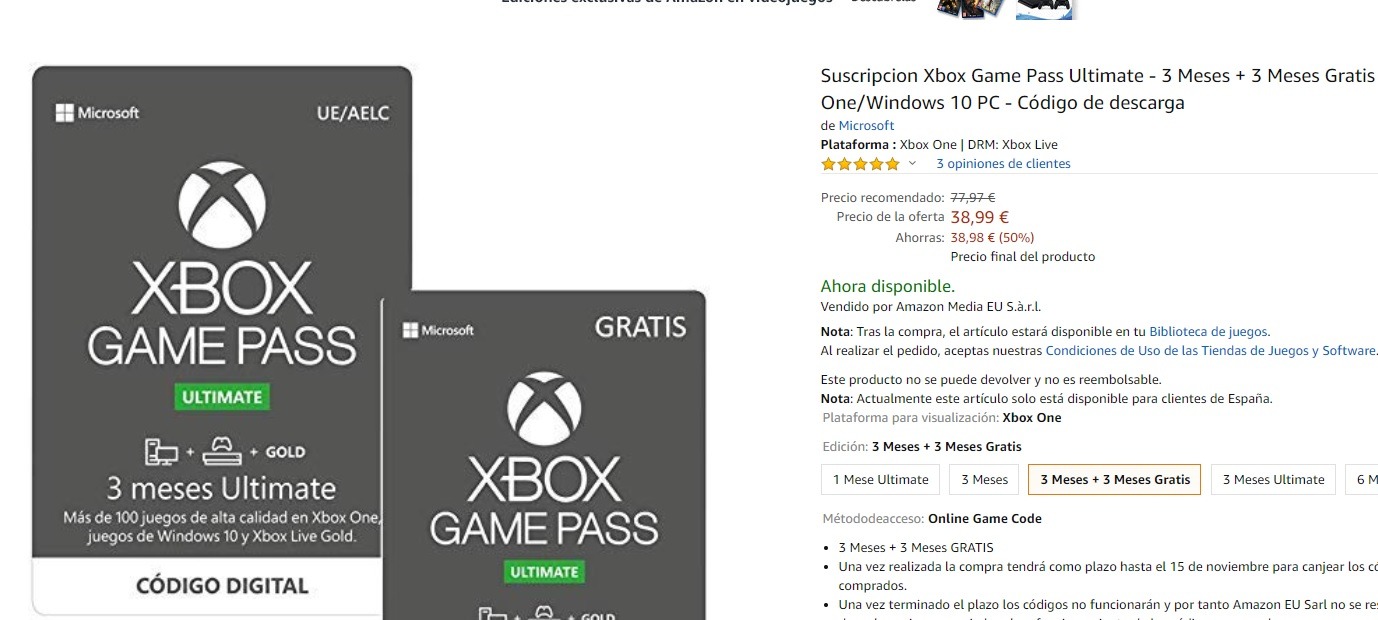 ¡Oferton! tres meses gratis de Xbox Game Pass Ultimate en Amazon con la compra de tres de pago