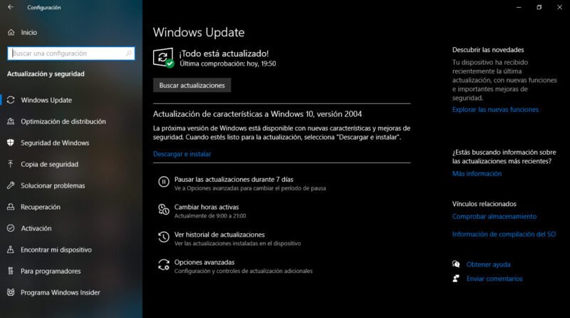 Actualización de características a Windows 10, versión 2004
