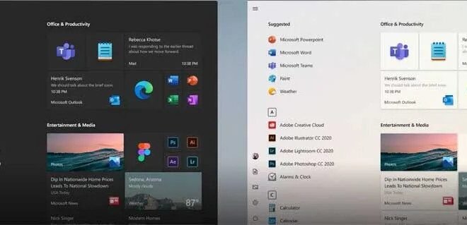 Nuevo menú inicio Windows 10 21H1 tema oscuro y claro