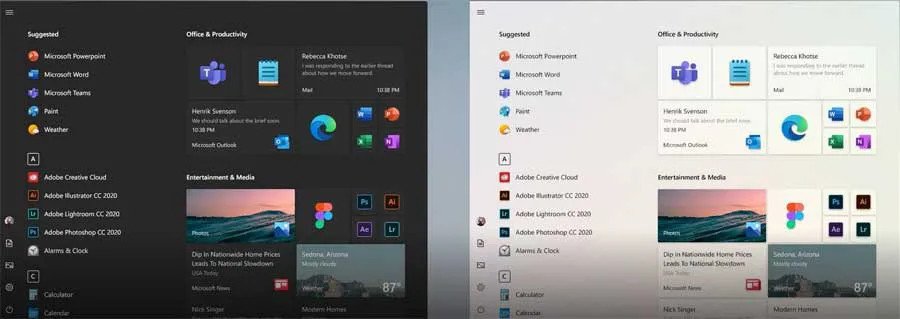 Nuevo menú inicio Windows 10 21H1 tema oscuro y claro