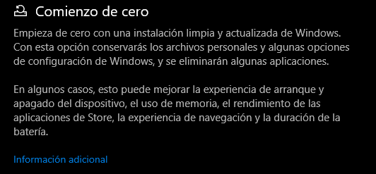 Comienzo de cero de Windows 10 versión 1909 o anterior