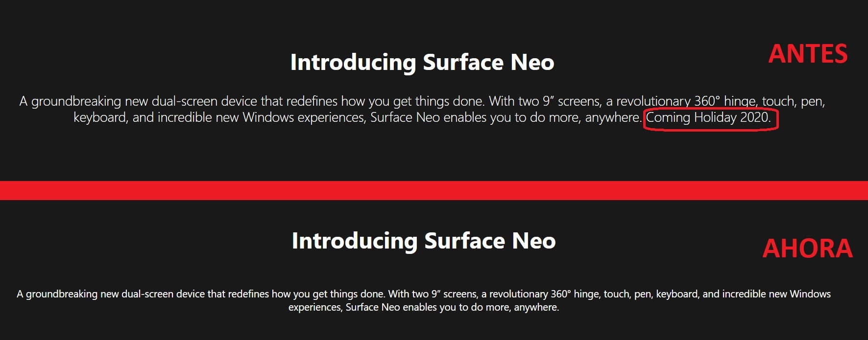 La web de Microsoft "confirma" el retraso del Surface Neo